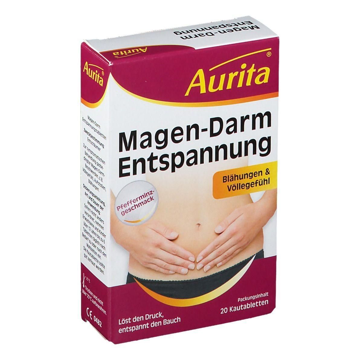 Aurita-Verpackung. Aufschrift: Magen-Darm Entspannung, Pfefferminzgeschmack. Abbildung eines Bauches mit Händen. 20 Kautabletten.