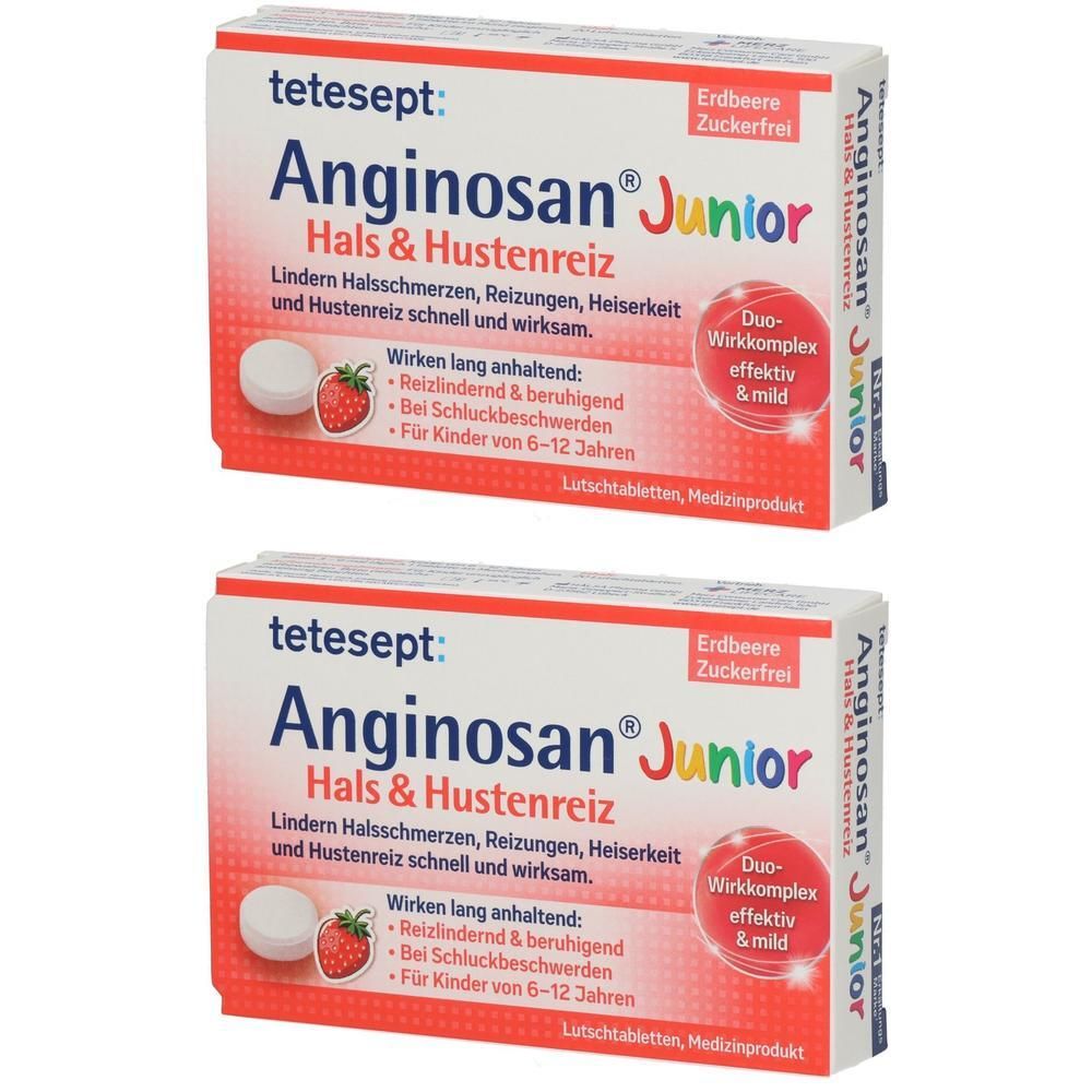 Zwei Packungen tetesept Anginosan Junior Lutschtabletten Erdbeere zuckerfrei. Für Hals- und Hustenreiz.