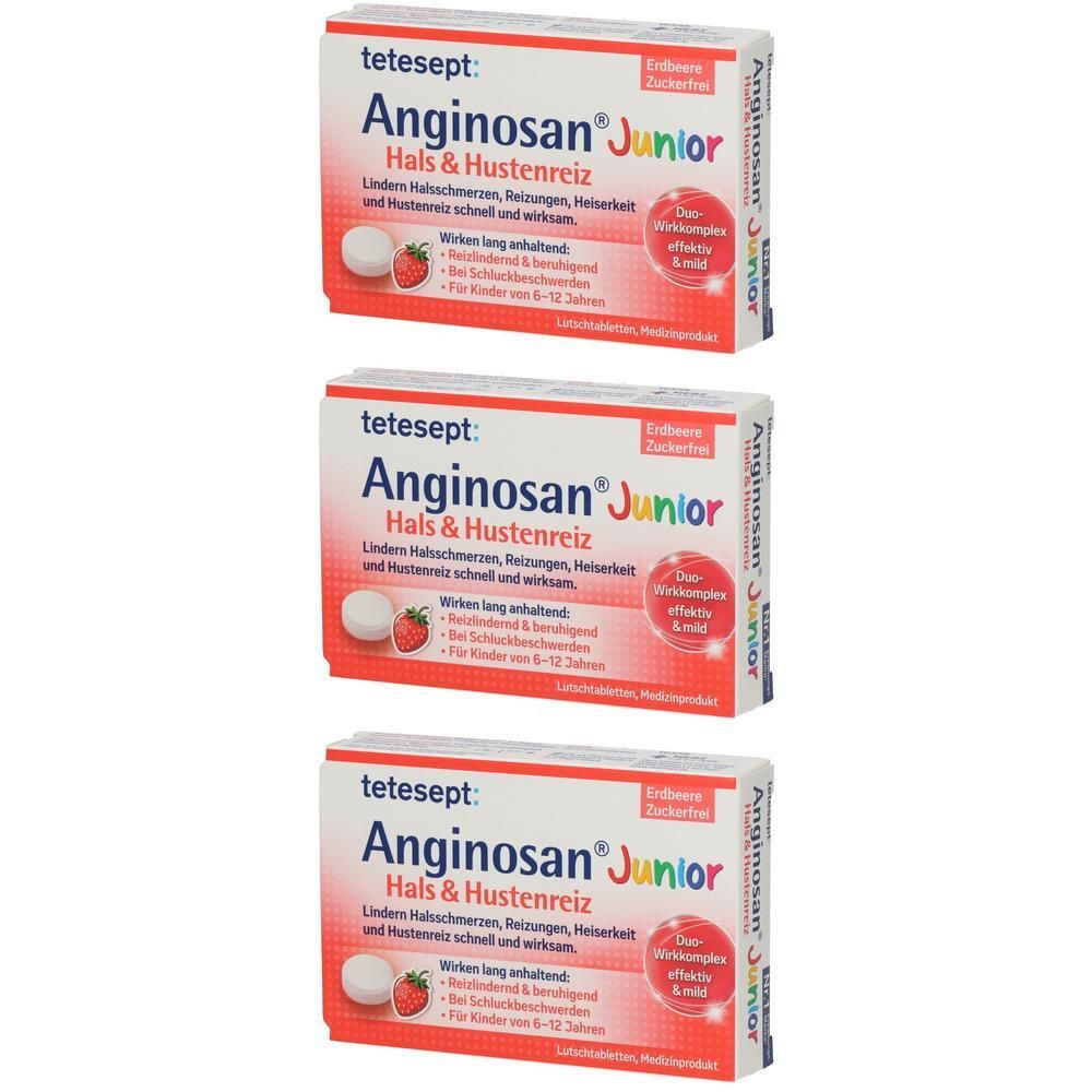 Drei Packungen tetesept Anginosan Junior Erdbeere zuckerfrei Lutschtabletten gegen Hals- und Hustenreiz.