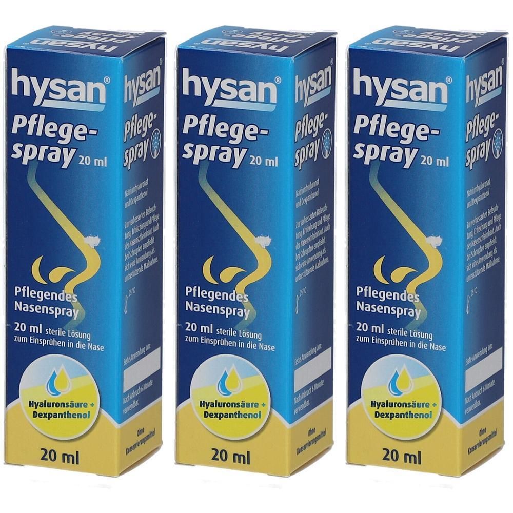 Drei Packungen Hysan Nasenpflege-Spray, je 20 ml, mit Hyaluronsäure und Dexpanthenol.