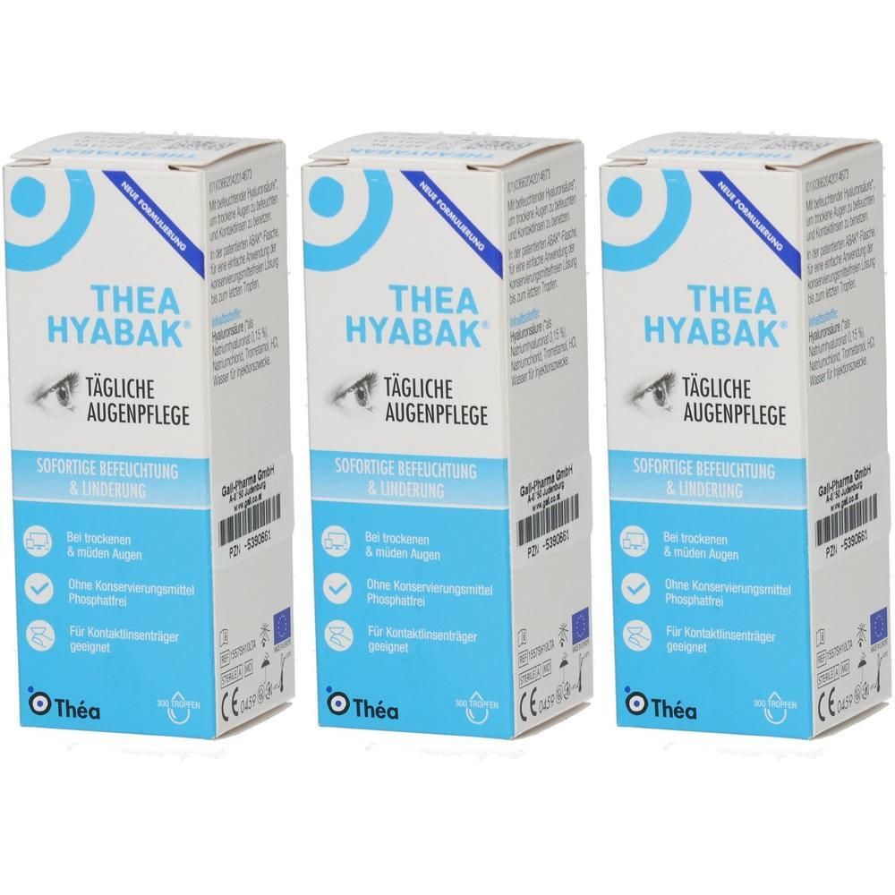 Drei Schachteln HYABAK AU-TR tägliche Augenpflege. Blaue und weiße Verpackung mit Augenmotiv.