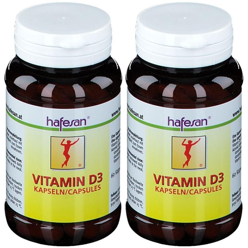 Zwei braune Flaschen mit weißen Deckeln. Aufschrift: hafesan Vitamin D3 Kapseln. Logo: rote Figur.