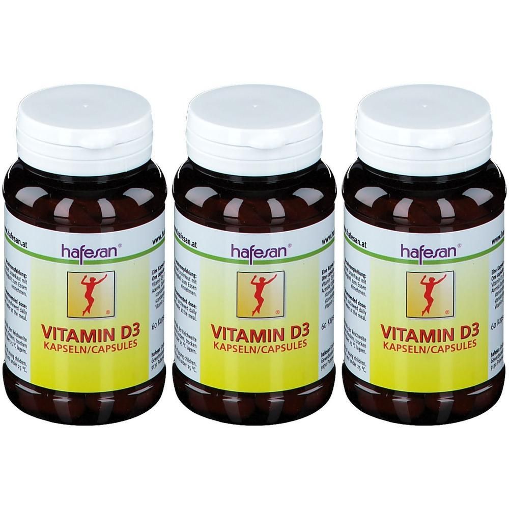 Drei braune Pillendosen mit weißen Deckeln. Auf den Etiketten steht "Vitamin D3 Kapseln/Capsules" und der Markenname "hafesan".