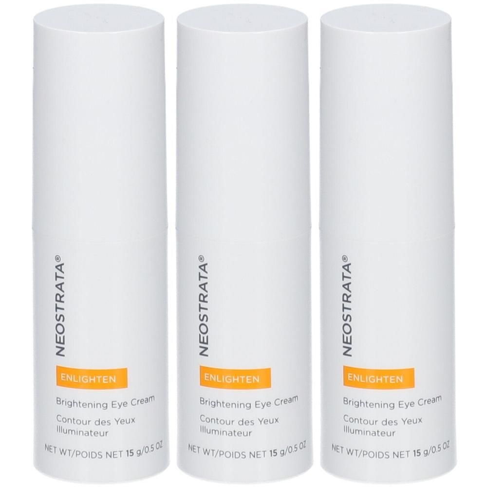 Drei weiße Flaschen NEOSTRATA ENLIGHTEN Brightening Eye Cream, je 15 g.