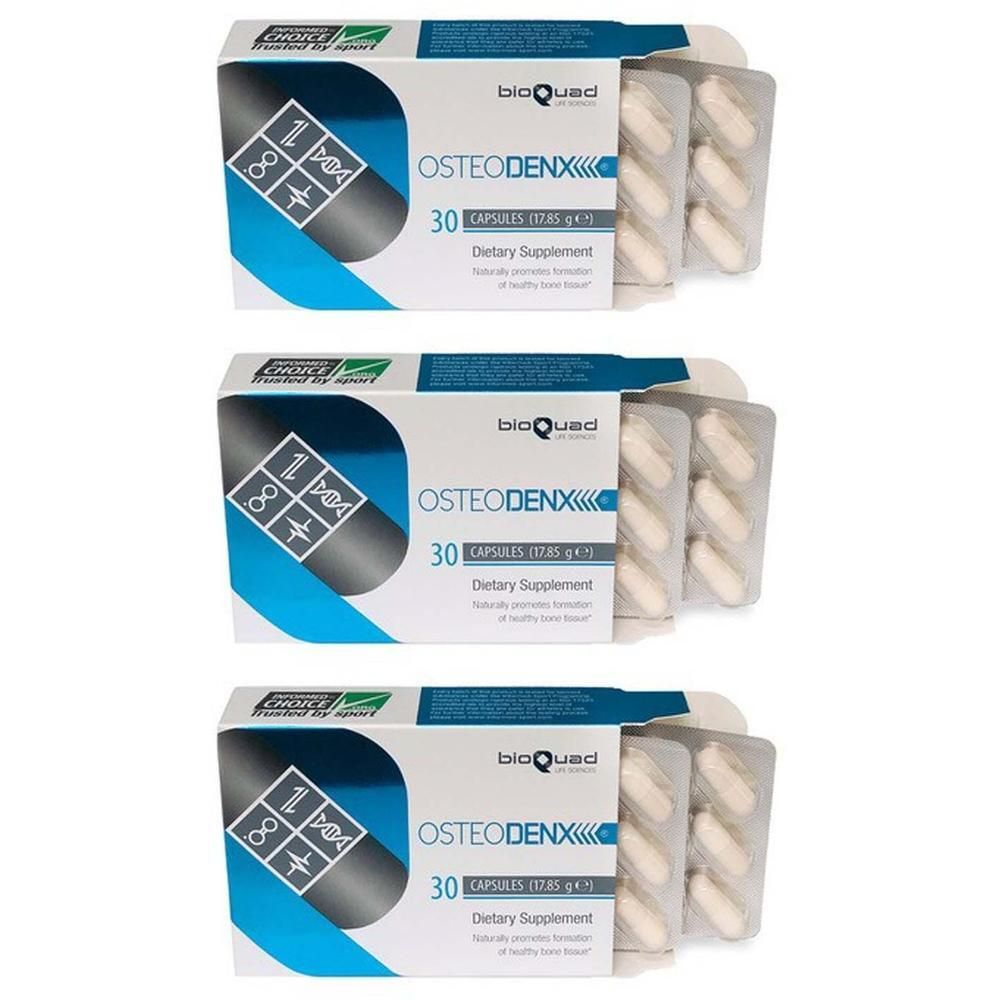 Drei Packungen OSTEODENX KPS PLU. Jede Packung enthält 30 Kapseln in Blisterverpackung. Aufschrift: Dietary Supplement.