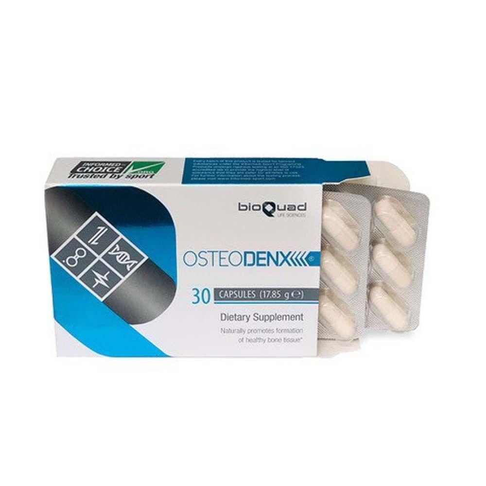 Verpackung mit Kapseln. Aufschrift OSTEODENX, 30 Kapseln. Marke bioQuad. Dietary Supplement.