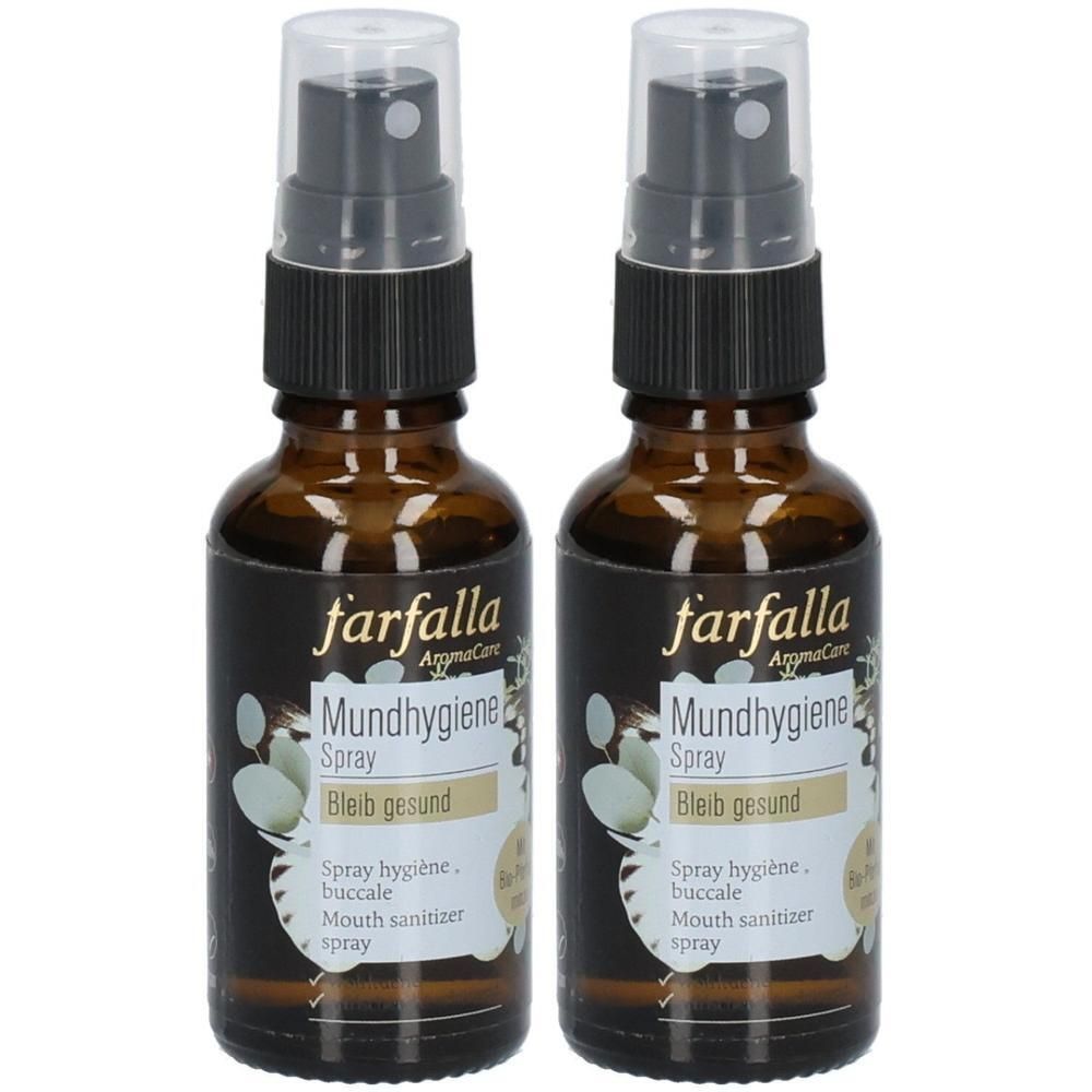 Zwei braune Glasflaschen mit Sprühkopf, gefüllt mit Mundhygiene Spray.