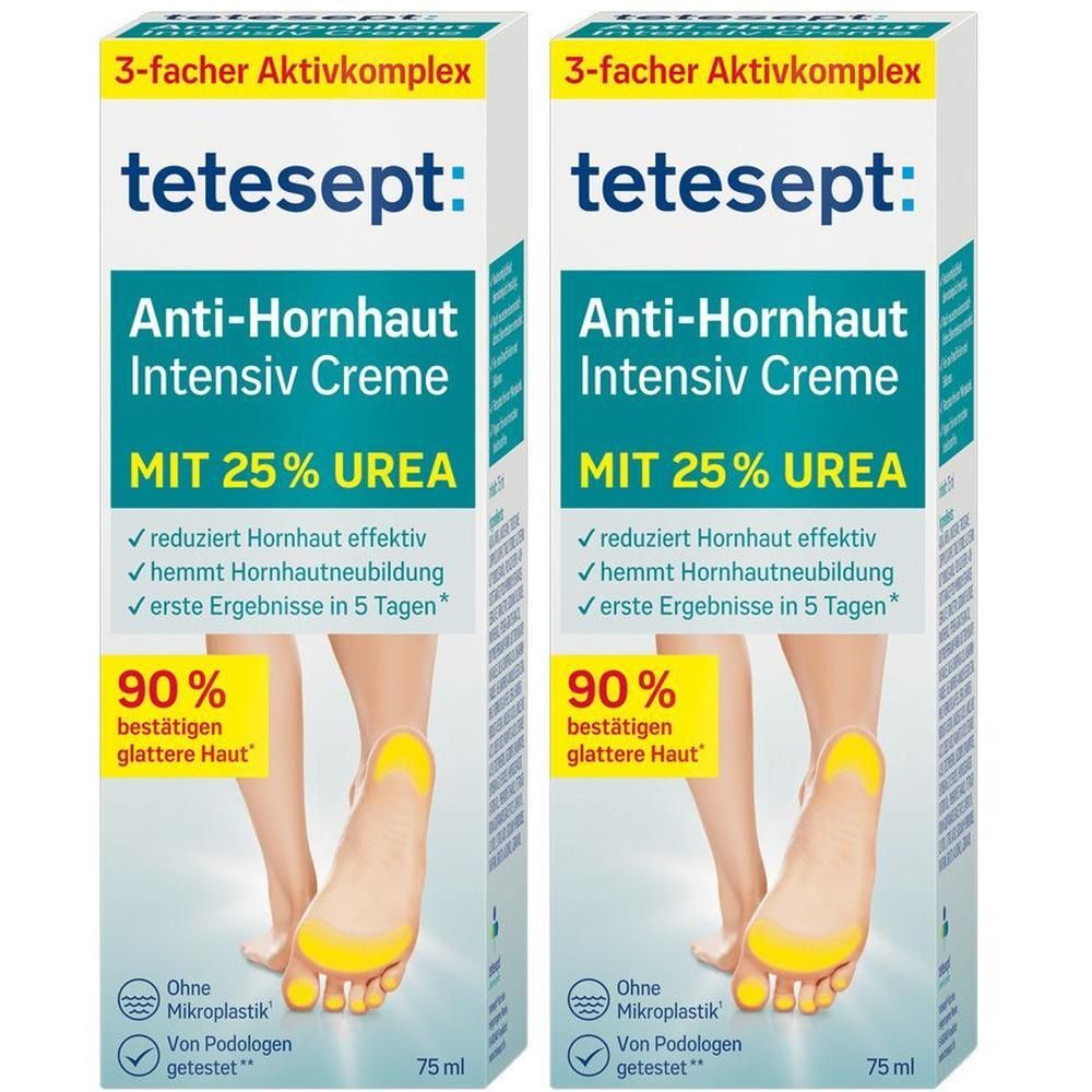 Zwei Packungen tetesept Anti-Hornhaut Intensiv Creme mit 25% Urea. Zeigt Füße mit glatter Haut.