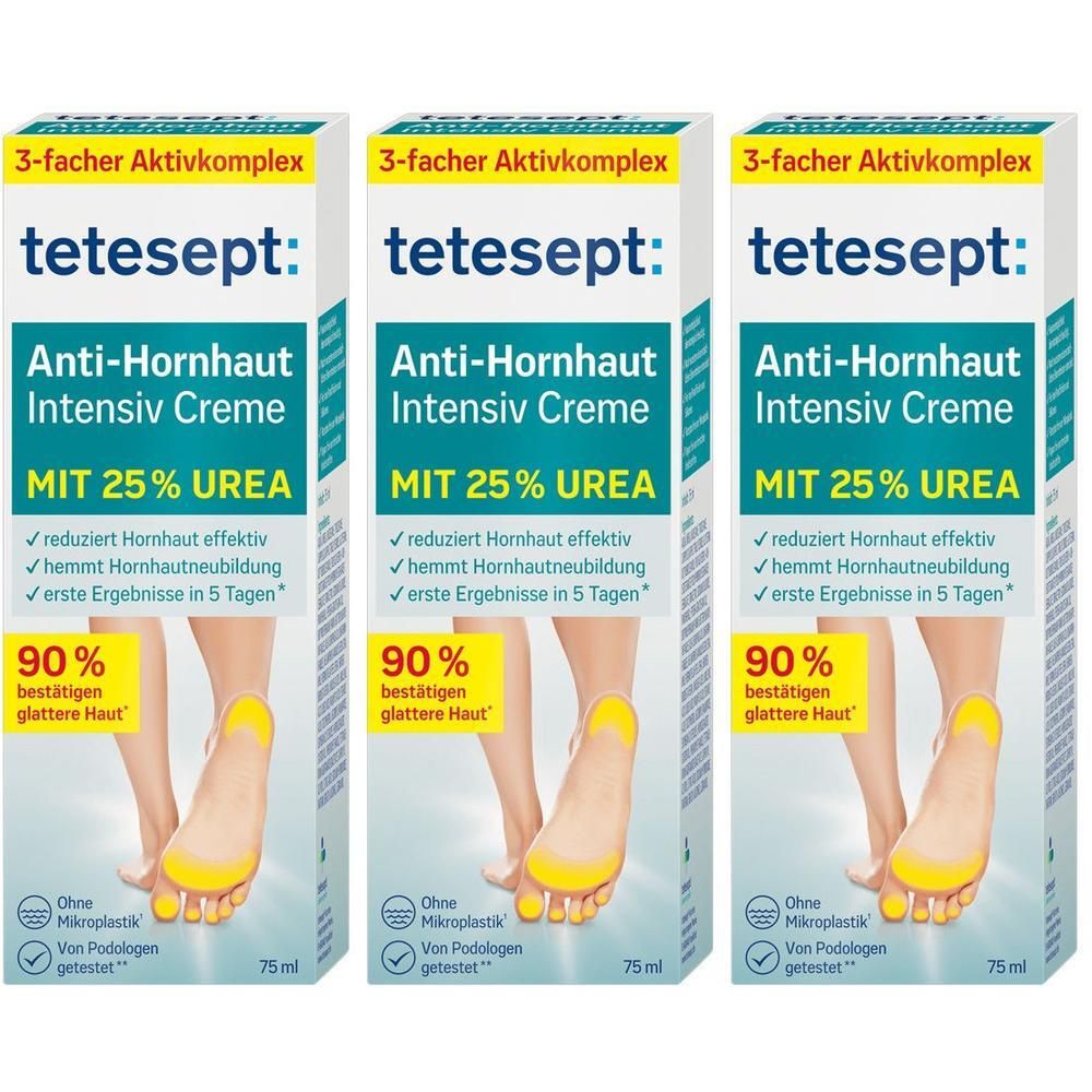 Drei Packungen tetesept Anti-Hornhaut Intensiv Creme mit 25% Urea. Zeigt Füße mit glatter Haut.