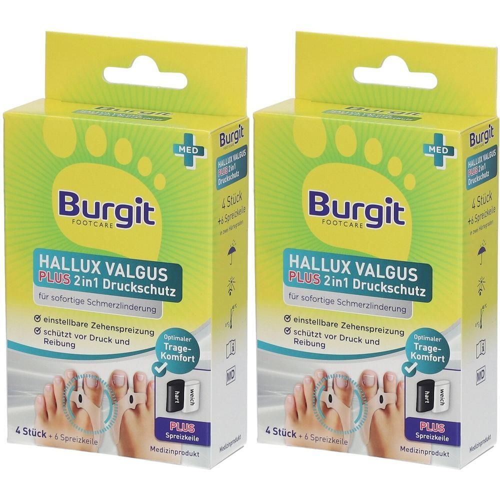 Zwei Packungen Burgit Hallux Valgus Plus 2in1 Druckschutz. Zeigt Füße mit Zehenspreizern und Produktabbildungen.