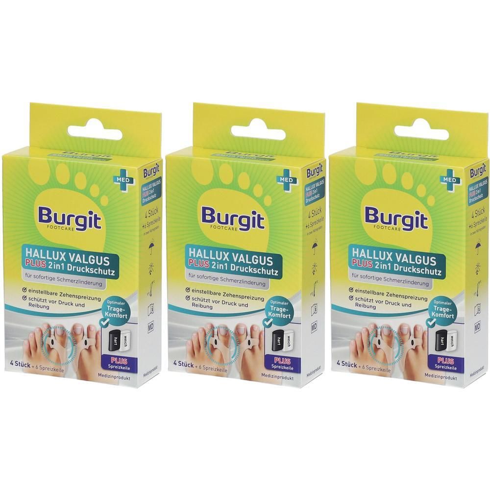 Drei Packungen Burgit Hallux Valgus Plus 2in1 Druckschutz. Zeigt Füße mit Zehenspreizern und Schutz.