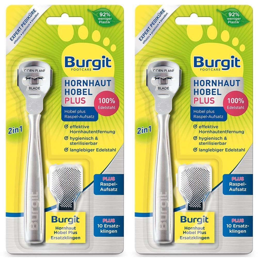Zwei Burgit Hornhaut Hobel Plus mit je 10 Ersatzklingen. Metallhobel mit Griff und austauschbarer Klinge.