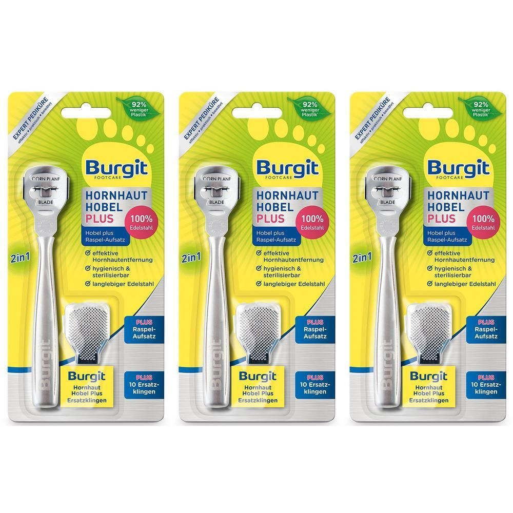 Drei Burgit Hornhauthobel Plus im Einzelhandelspack. Enthält einen Hobel, eine Ersatzklinge und eine Raspel.