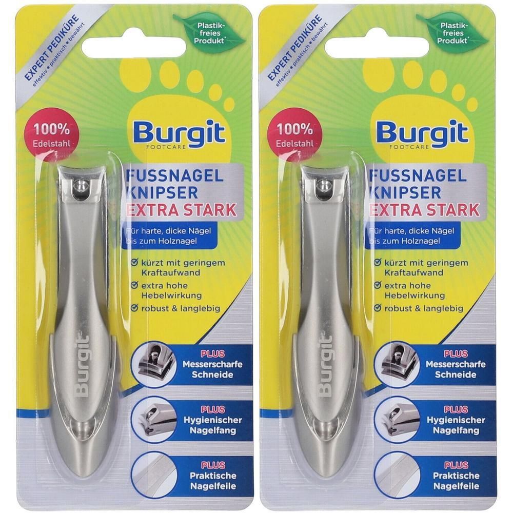 Zwei Burgit Fußnagelknipser aus 100% Edelstahl, extra stark, mit Messerscharfer Schneide und hygienischem Nagelfang.
