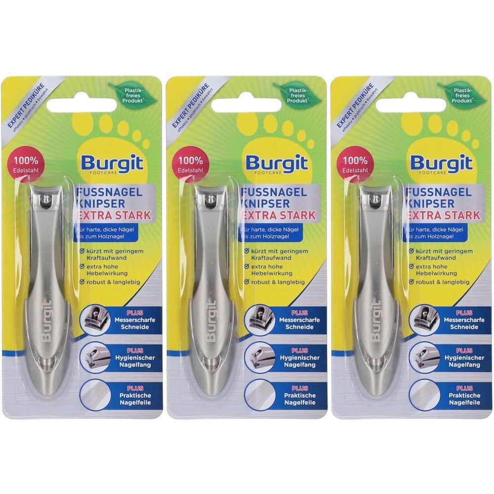 Drei Burgit Fußnagelknipser Extra Stark aus Edelstahl in Einzelverpackung.