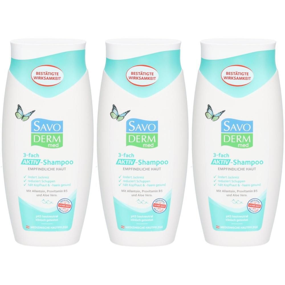 Drei Flaschen SAVODERM med 3-fach Aktiv-Shampoo für empfindliche Haut. Mit Schmetterlingsmotiv und Siegel.