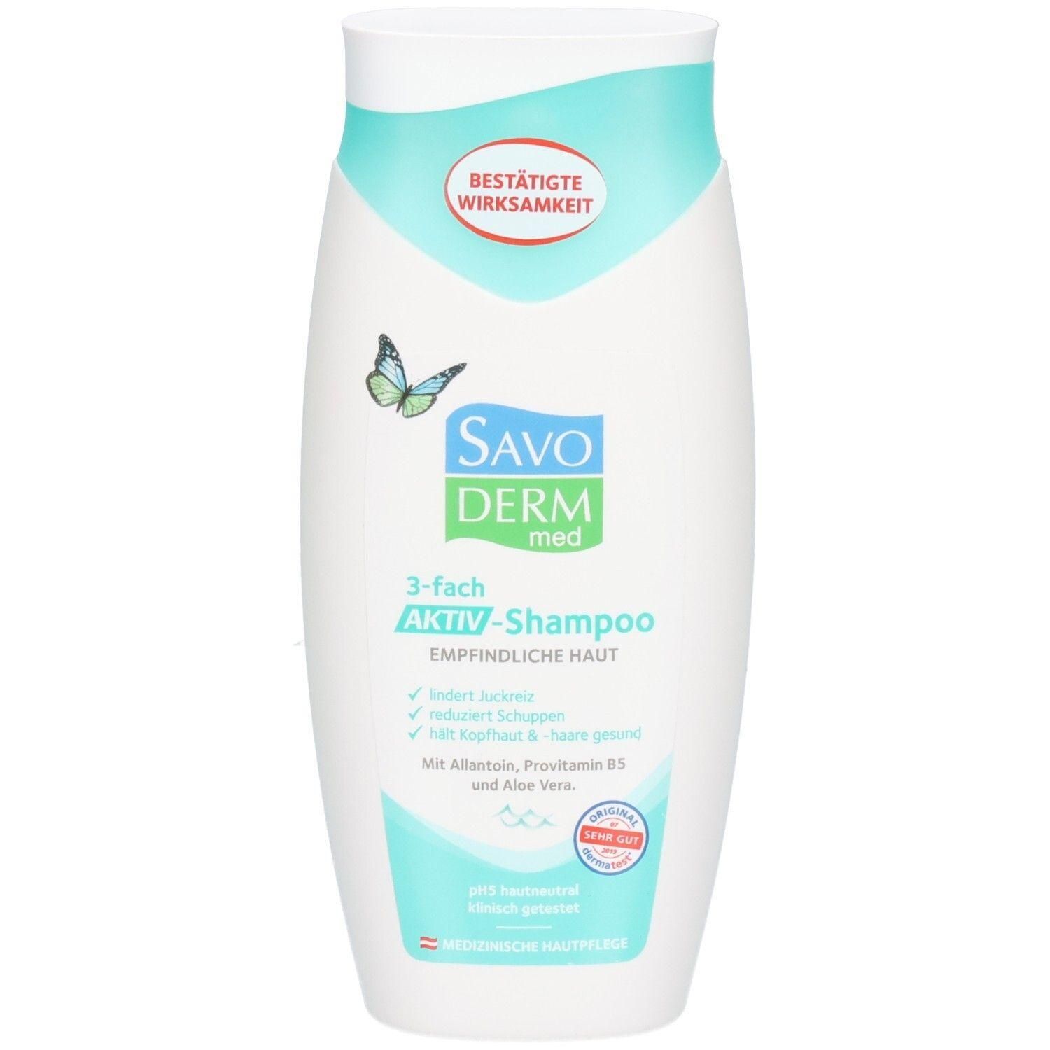 SAVODERM med 3-fach Aktiv-Shampoo Flasche mit Schmetterlings- und Siegel-Aufdruck. Für empfindliche Haut.
