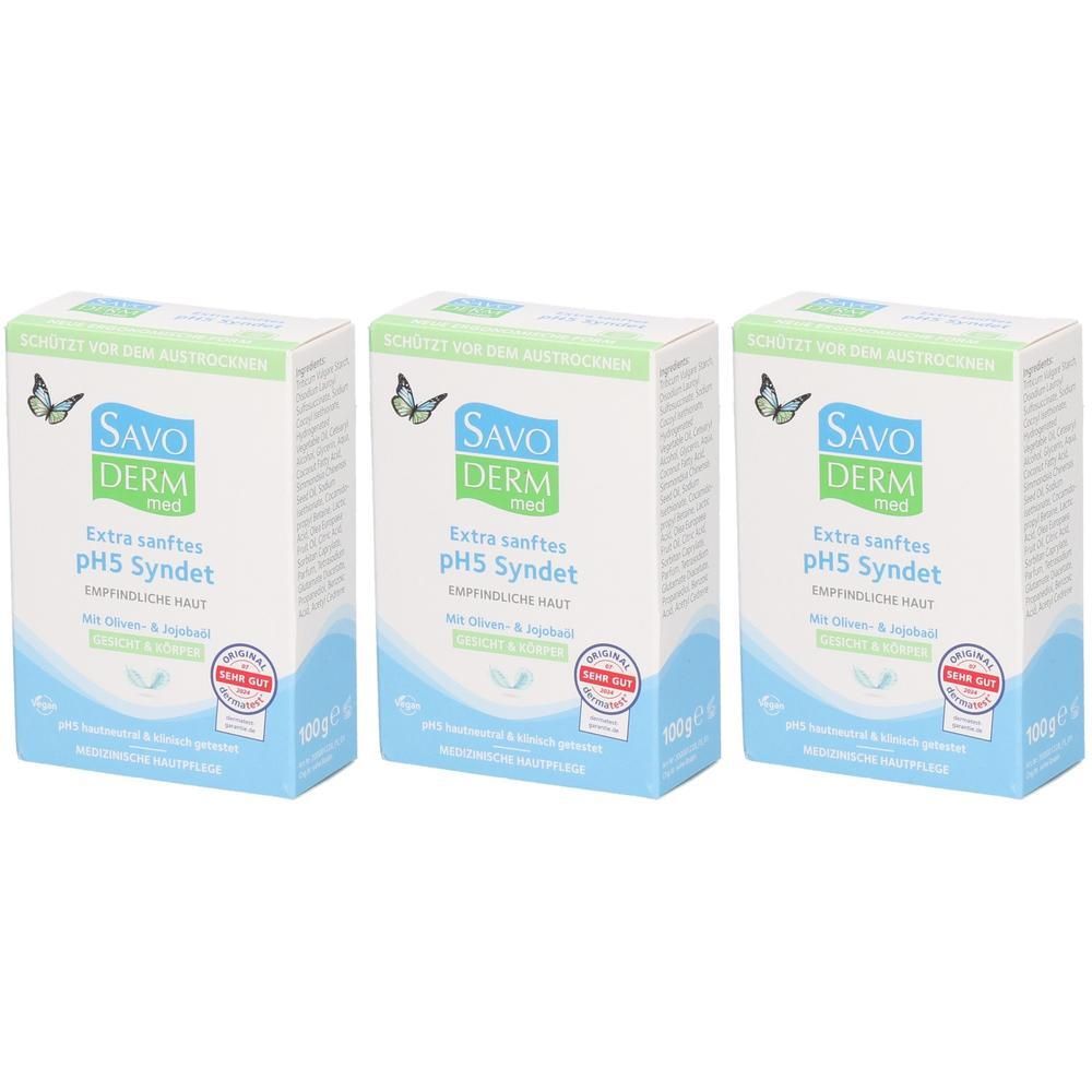 Drei Schachteln SAVODERM med Extra sanftes pH5 Syndet, 100g. Für empfindliche Haut.