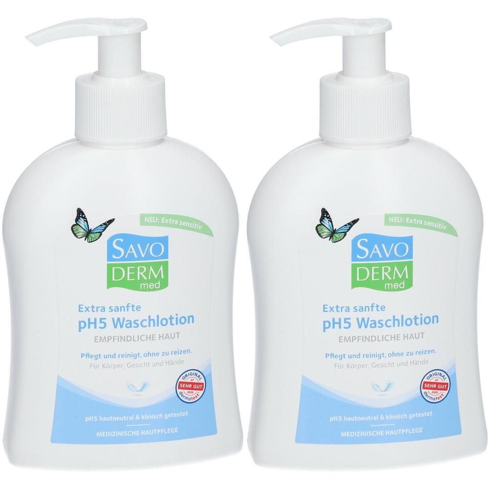 Zwei weiße Pumpspender mit SAVODERM med Extra sanfte pH5 Waschotion für empfindliche Haut.