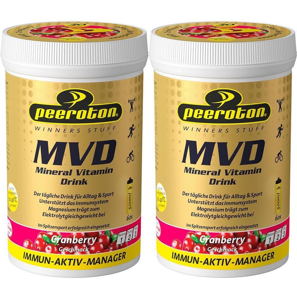 Zwei zylindrische Behälter mit weißem Deckel. Aufschrift: peeroton MVD Mineral Vitamin Drink Cranberry. Goldfarbener Hintergrund mit roten Cranberrys.