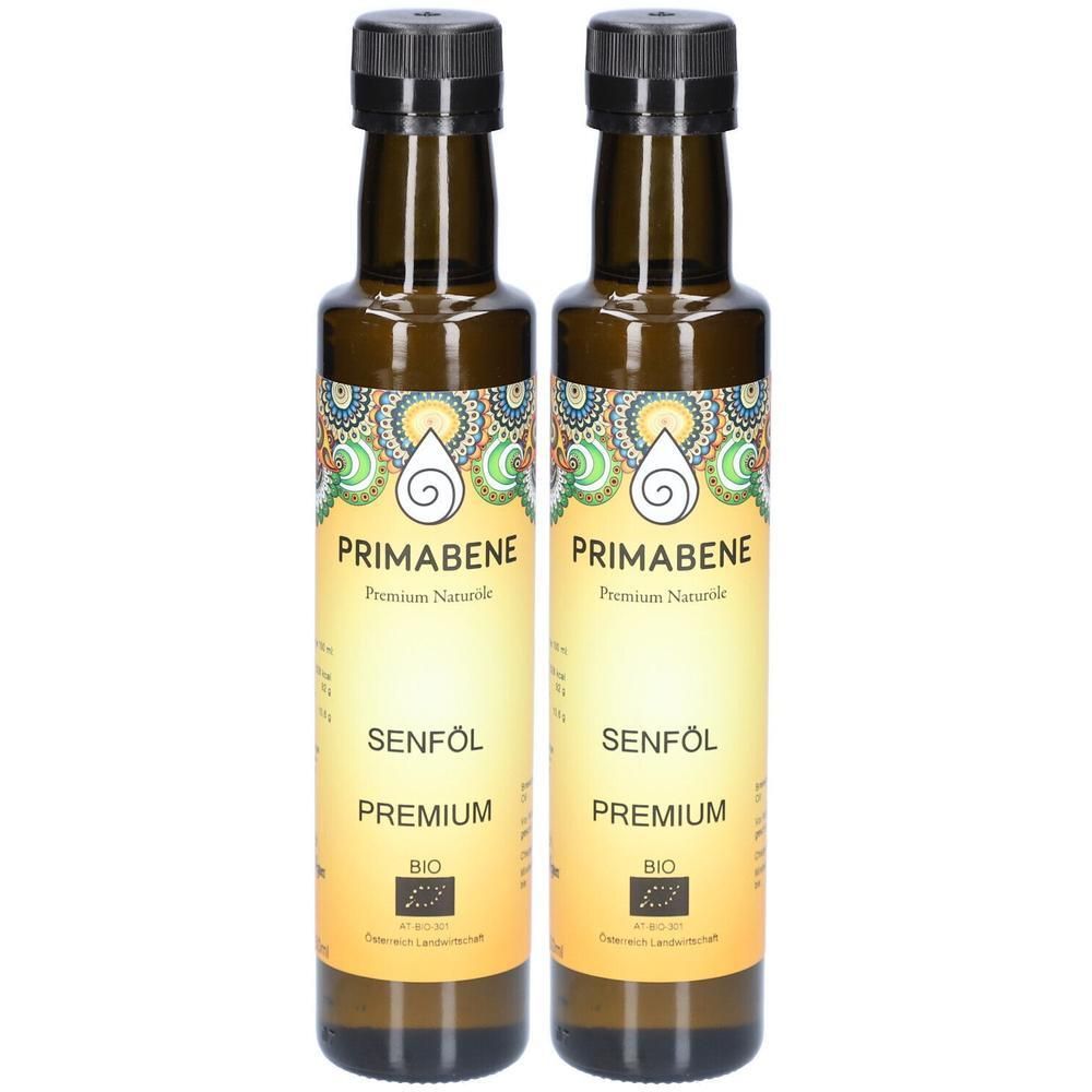 Zwei braune Glasflaschen mit schwarzem Deckel. Auf den Etiketten steht PRIMABENE, Senföl Premium Bio und ein Bio-Siegel.