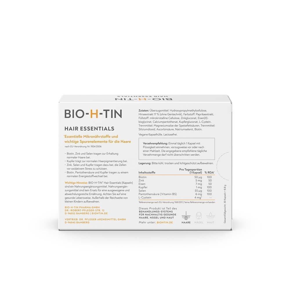 Rückseite einer BIO-H-TIN Hair Essentials Packung. Weiße Schachtel mit Produktinformationen, Inhaltsstoffen und Nährwertangaben.