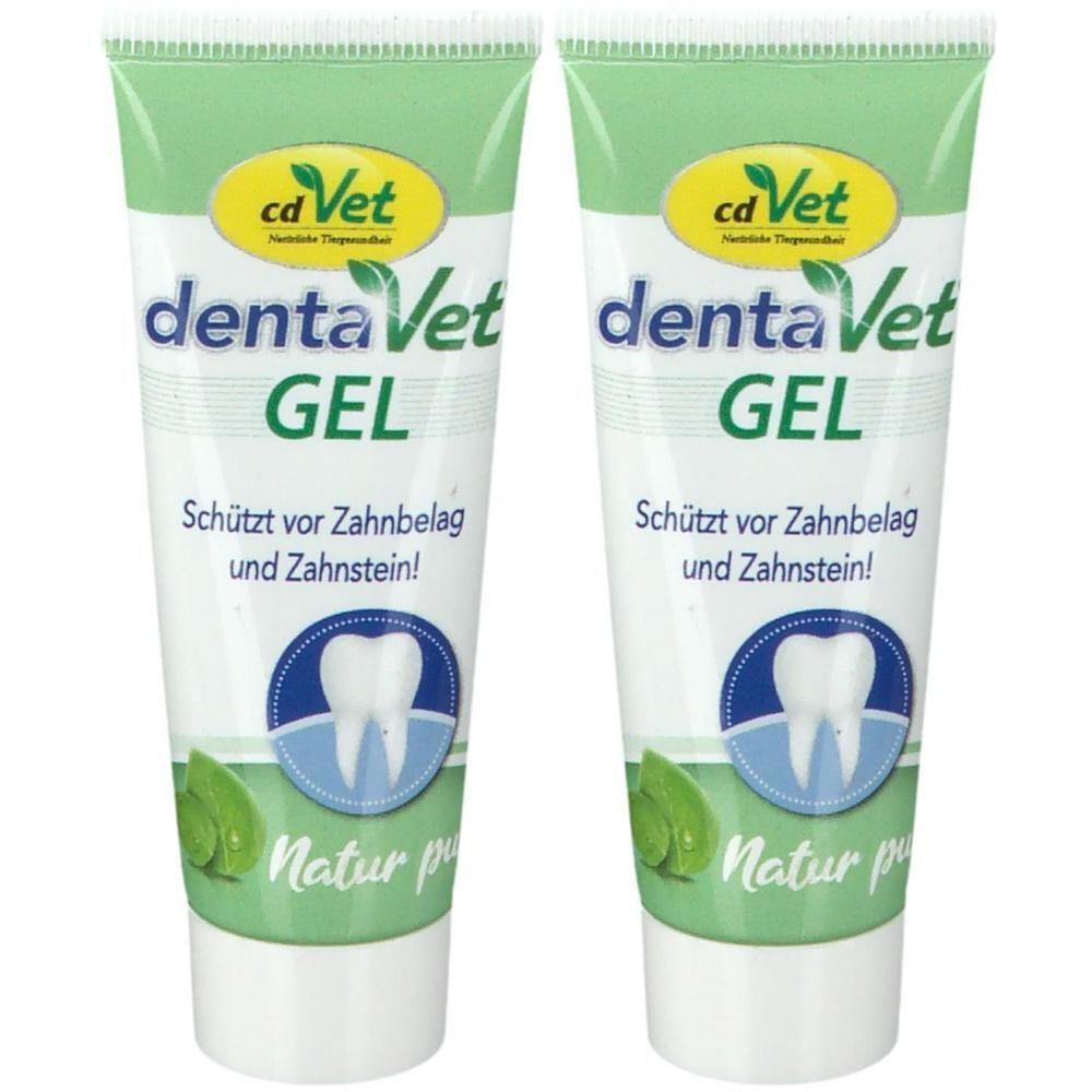 Zwei Tuben dentavVet® Gel. Weiße Tuben mit grünen und blauen Elementen. Aufschrift: dentavVet GEL, schützt vor Zahnbelag.