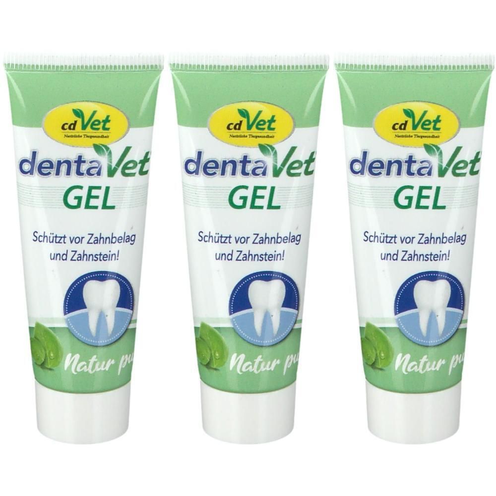 Drei Tuben Gel. Auf jeder Tube steht "dentaVet GEL". Text: "Schützt vor Zahnbelag und Zahnstein!". Logo mit Zahn und Blättern.