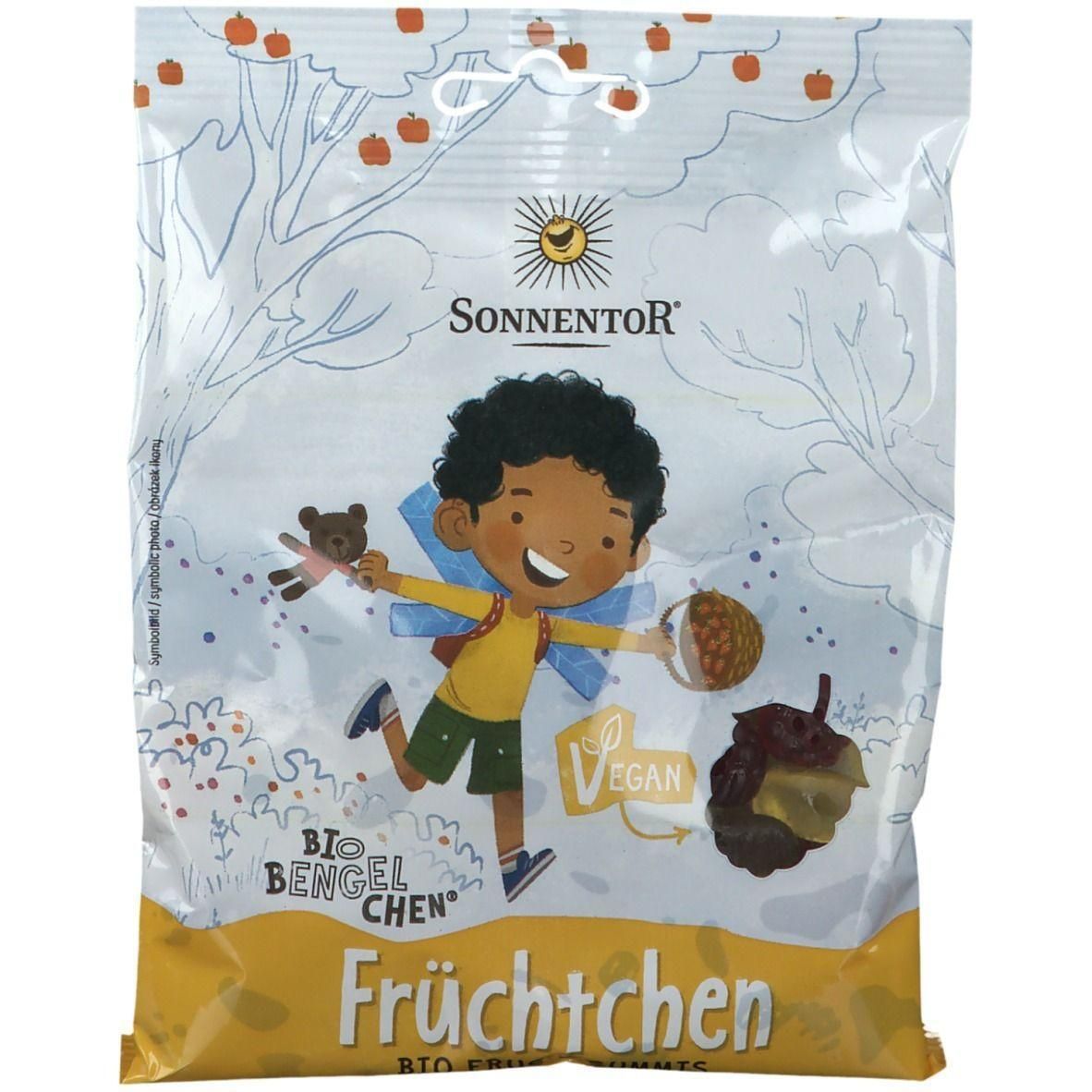Verpackung mit SonnentoR-Logo. Abbildung eines Kindes mit Flügeln, das Früchte hält. Text: BIO BENGELCHEN Früchtchen, Vegan.