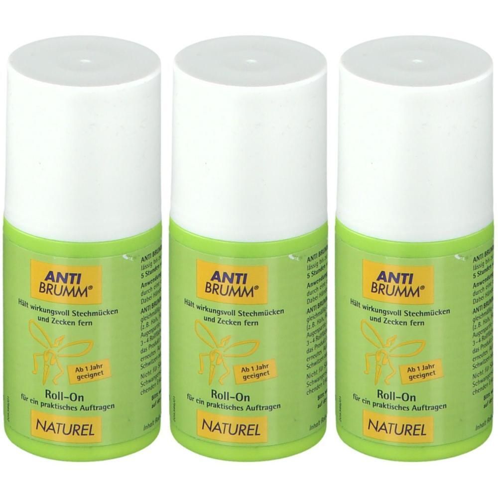 Drei Roll-On-Flaschen ANTI BRUMM NATUREL. Weiße Kappen, grüne Etiketten mit Produktnamen und Inhaltsangaben. Roll-On für praktisches Auftragen.