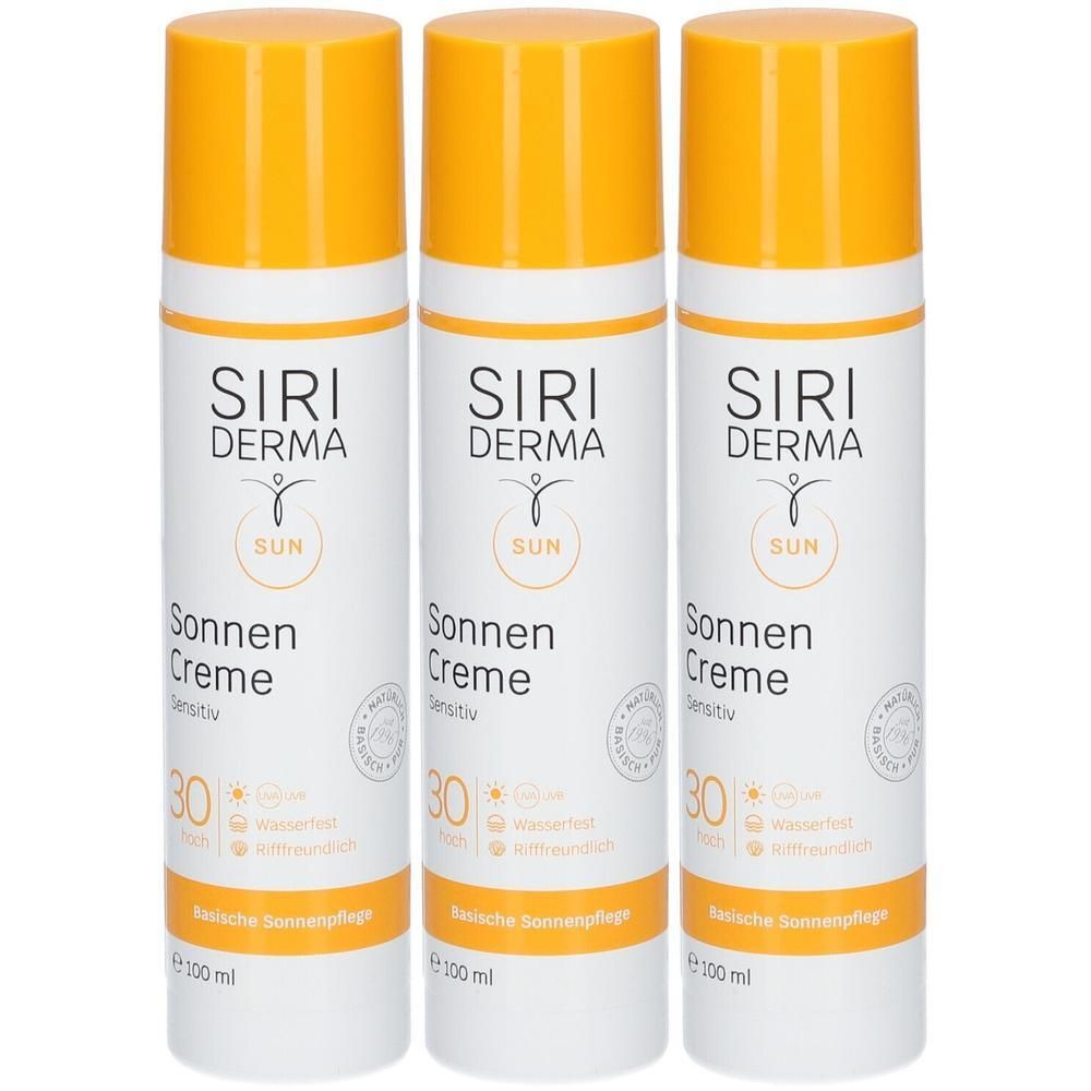 Drei Flaschen SIRIDERMA Sonnencreme LSF 30, je 100 ml. Für sensible Haut, wasserfest.