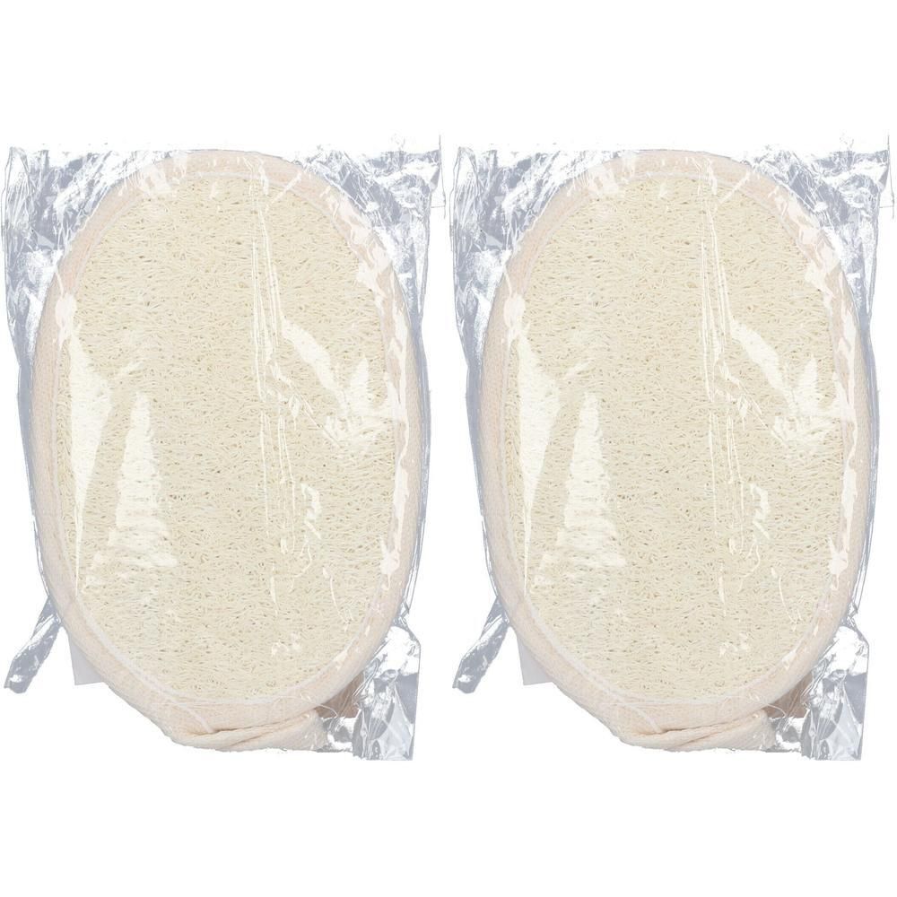 Zwei ovale Luffa-Schwämme, einzeln in transparenter Folie verpackt.