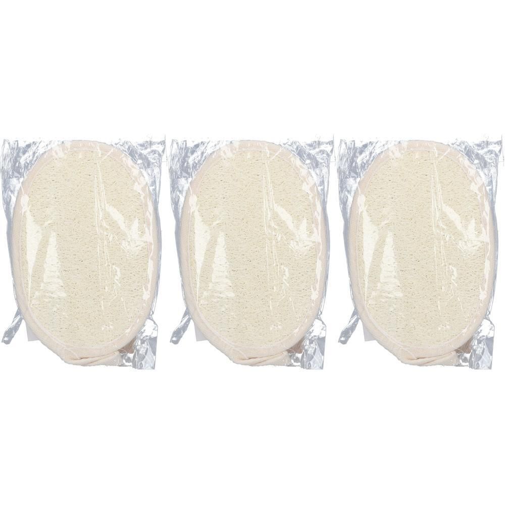 Drei ovale Luffa-Schwämme in transparenter Verpackung.