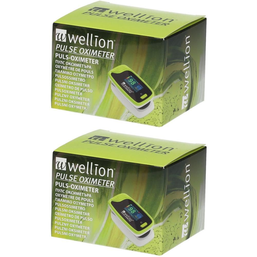 Zwei Wellion Pulsoximeter-Verpackungen. Jede zeigt ein digitales Pulsoximeter mit grünem Gehäuse und Display.