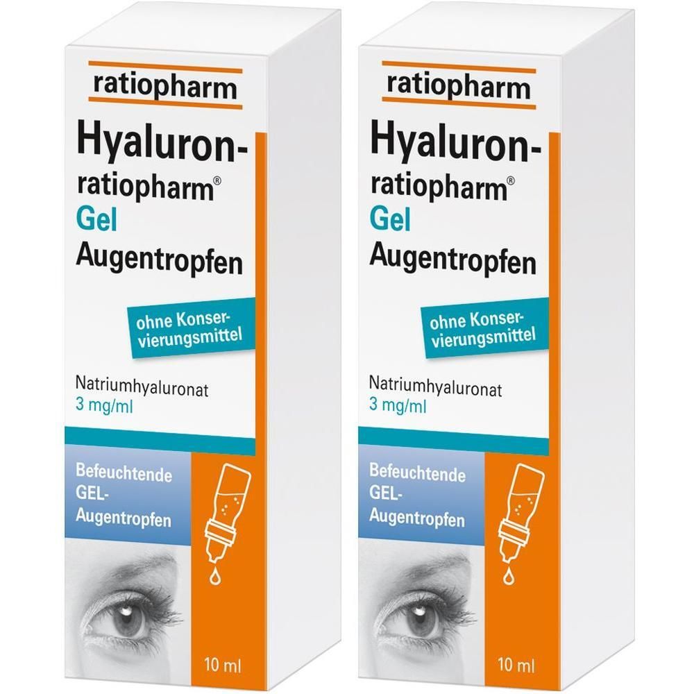 Zwei weiße Faltschachteln mit Aufschrift Hyaluron-ratiopharm® Gel Augentropfen. Enthält 10 ml. Ohne Konservierungsmittel.