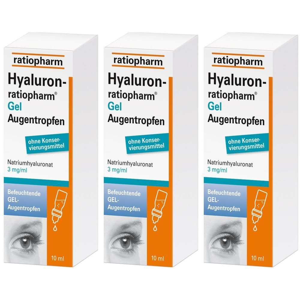 Drei Schachteln Hyaluron-ratiopharm Gel Augentropfen. Weiße Verpackung mit blauer und orangefarbener Beschriftung. Enthält 10 ml.