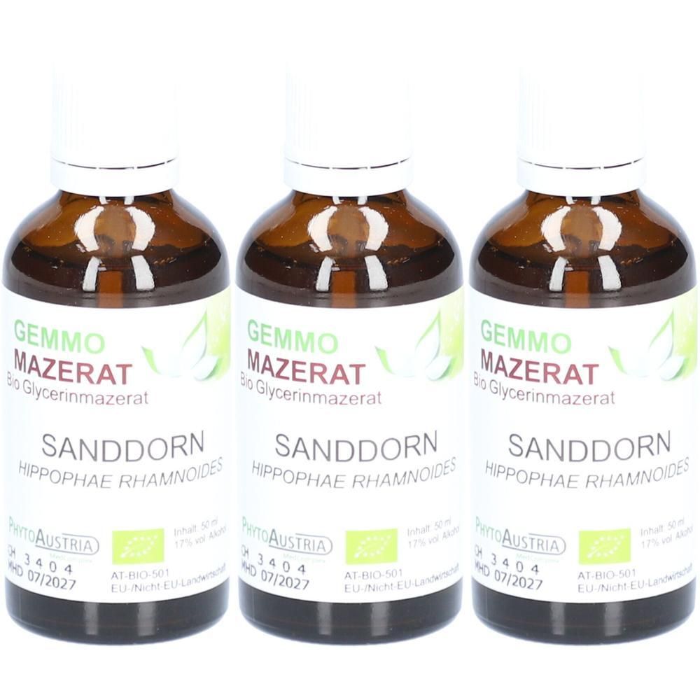 Drei braune Glasflaschen mit weißen Etiketten. Auf den Etiketten steht "GEMMO MAZERAT SANDDORN". Bio-Zertifizierung.