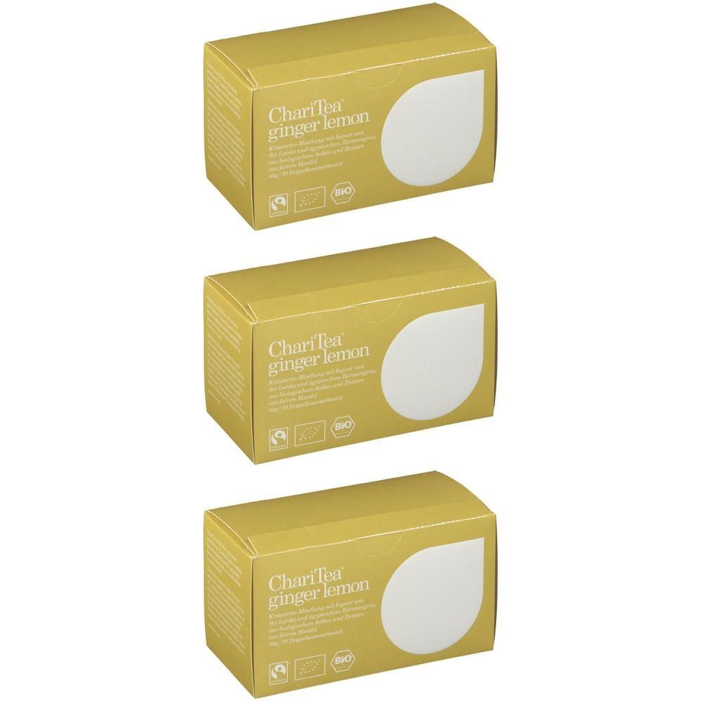 Drei gelbe Kartons mit der Aufschrift "ChariTea ginger lemon" und einem weißen Blatt-Design. Bio-Siegel sind sichtbar.