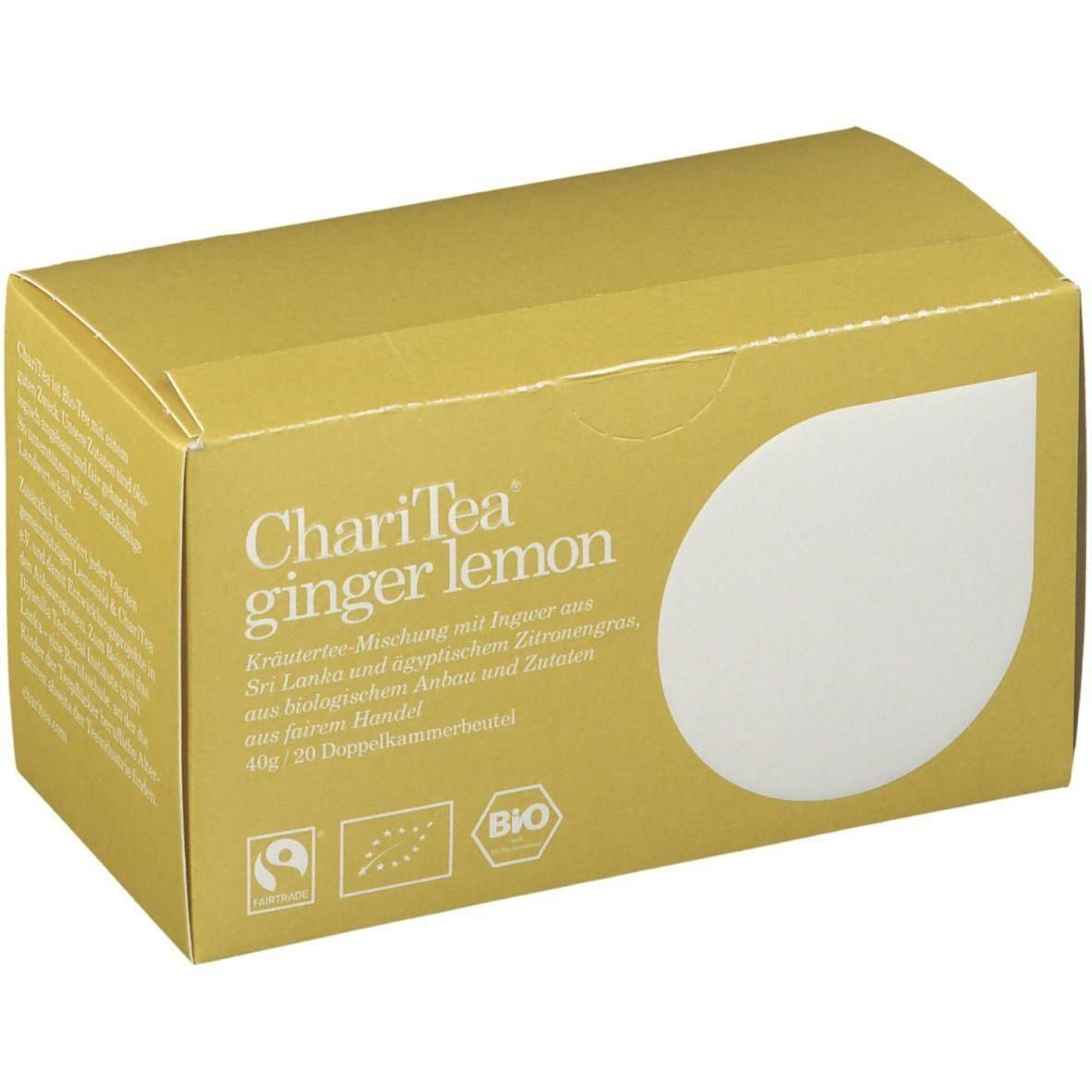 Gelbe Kartonverpackung mit Aufschrift ChariTea ginger lemon. Enthält Kräutermischung mit Ingwer und Zitrone. Bio-Siegel.