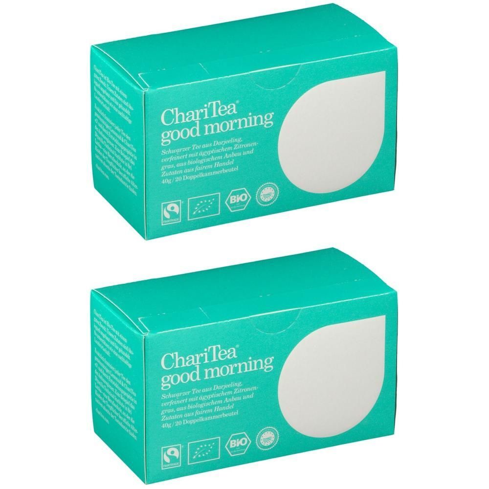 Zwei türkisfarbene Kartons mit der Aufschrift "ChariTea good morning". Aufdrucke: Bio-Siegel, Blatt-Logo. Weiße Blatt-Form auf der Seite.
