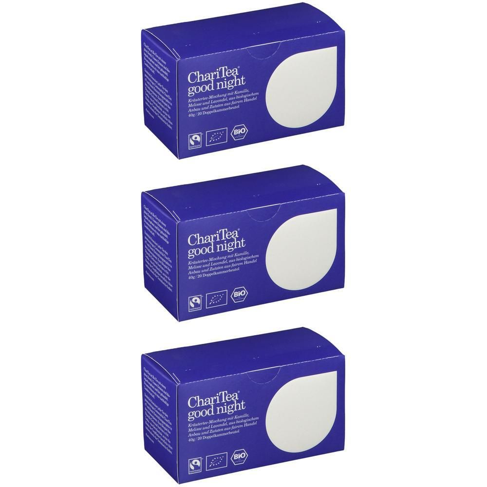 Drei blaue Kartons mit "ChariTea good night"-Aufdruck. Weiße, ovale Form auf der Vorderseite. Bio-Siegel.