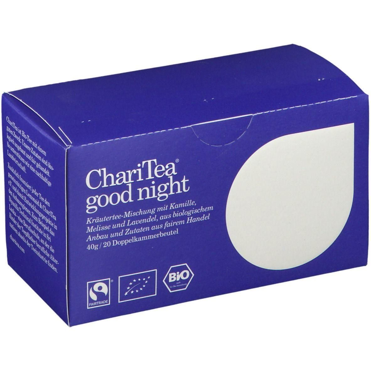 Blaue Schachtel mit Aufschrift "ChariTea good night". Kräuterteemischung mit Kamille, Melisse und Lavendel. Bio-Siegel und Fairtrade-Logo.