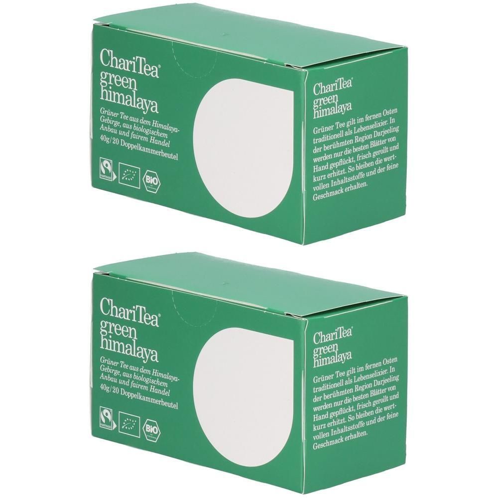 Zwei grüne Kartons mit weißem Kreis. Aufschrift: ChariTea green himalaya. Bio-Siegel. Text in Deutsch.