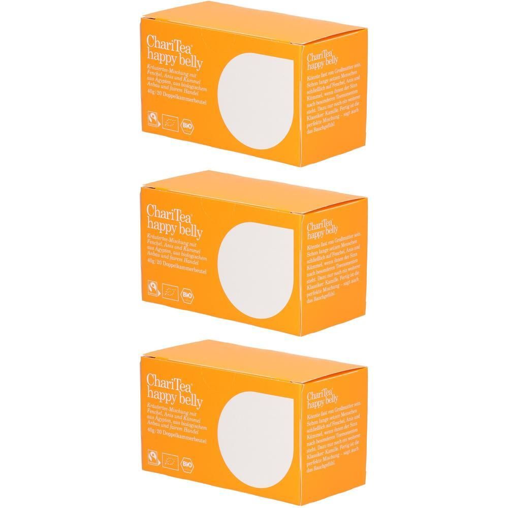 Drei orangefarbene Kartons mit weißem Tropfen-Design. Aufschrift: ChariTea happy belly. Text und Logos auf der Verpackung.