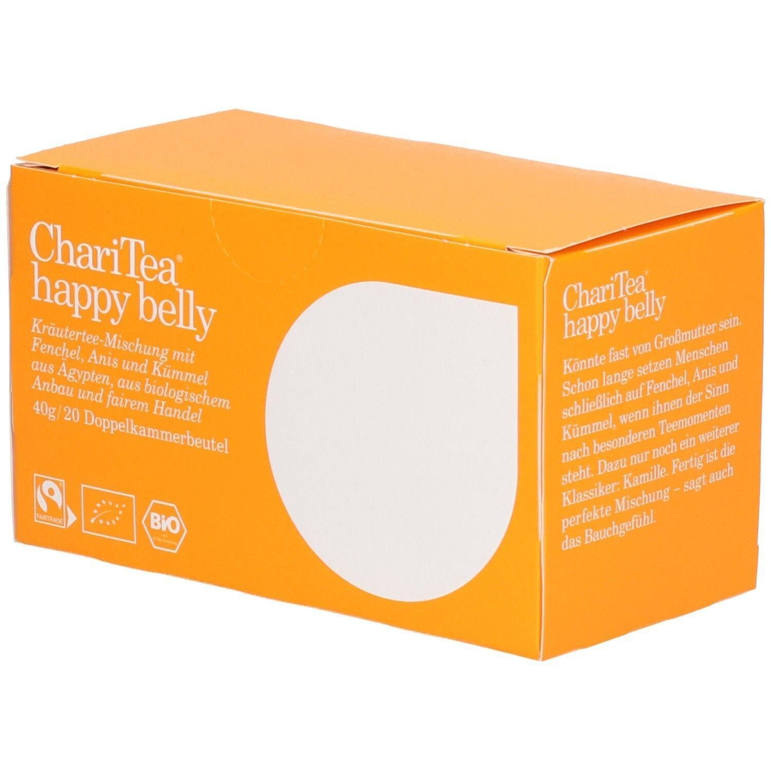 Orangefarbene Schachtel mit "ChariTea happy belly"-Logo. Kräuterteemischung mit Fenchel, Anis und Kümmel. Bio-Zertifizierung.