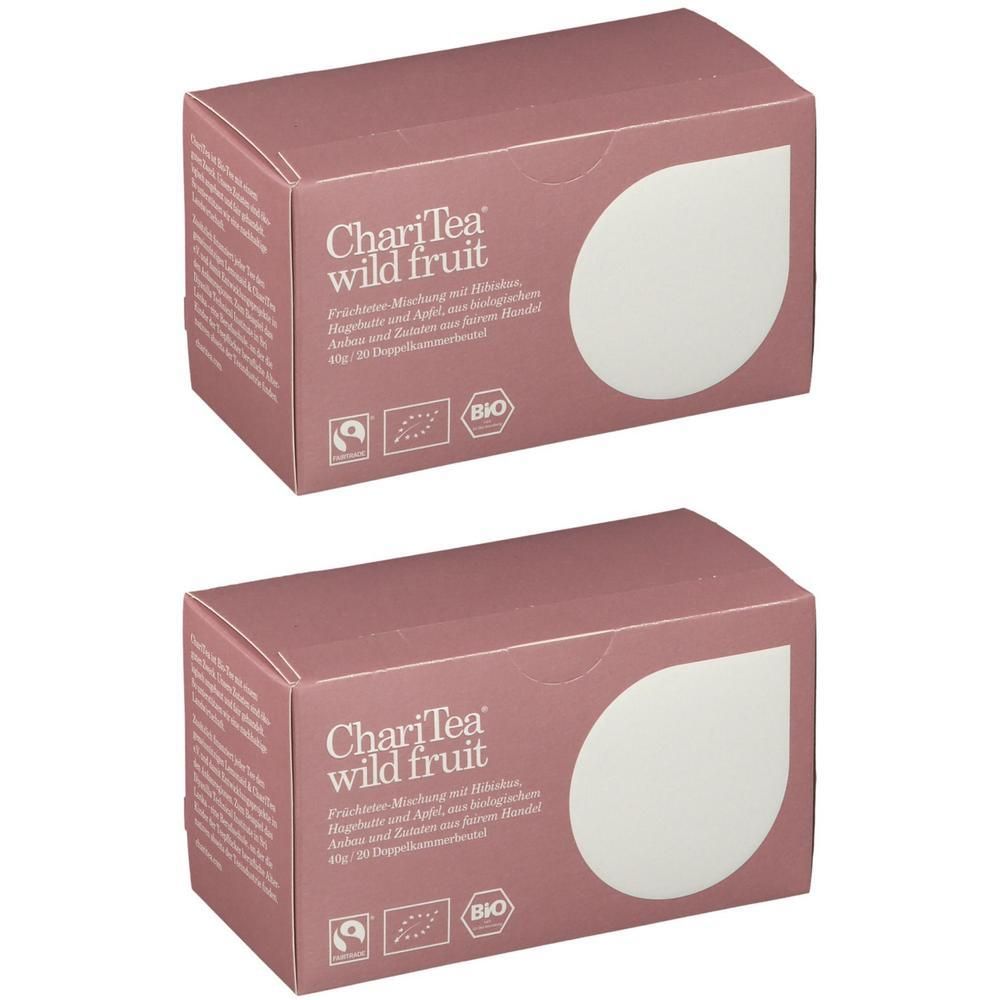 Zwei rechteckige Kartons. Aufdruck: ChariTea wild fruit, Bio-Siegel. Rosa Verpackung mit weißem Tropfen-Design.