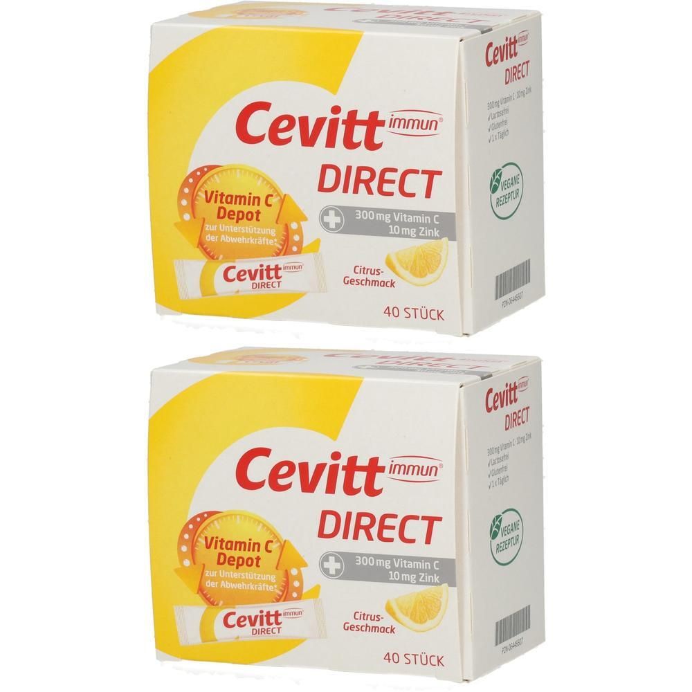 Zwei Kartons Cevitt Immun® Direct. Aufdruck: Vitamin C Depot, 300 mg Vitamin C, 10 mg Zink, Citrus-Geschmack, 40 Stück.
