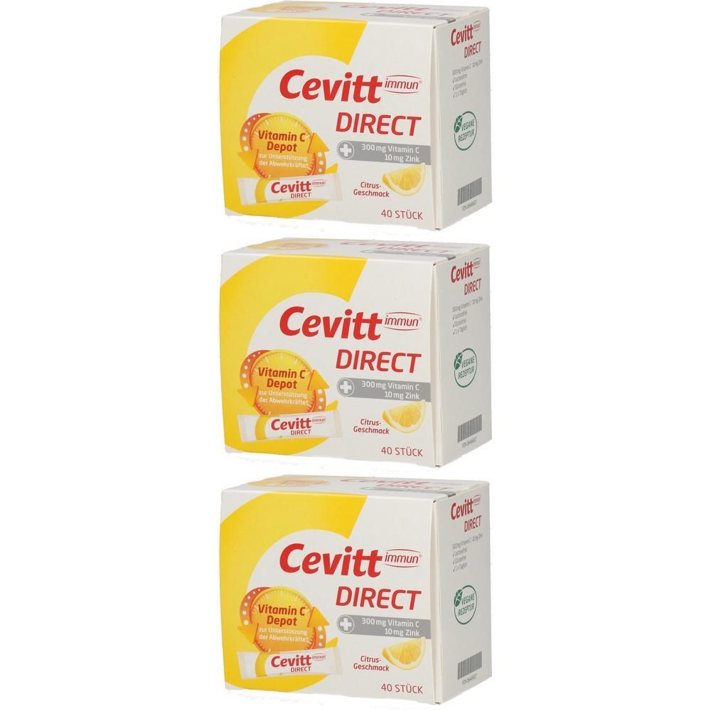 Drei Schachteln Cevitt Immun Direct. Aufdruck: Vitamin C Depot, 1000mg Vitamin C, Zitronengeschmack. 40 Stück. Grün Siegel.