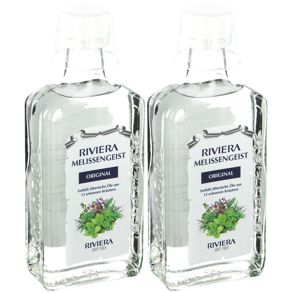 Zwei Glasflaschen mit weißem Verschluss. Etikett mit "RIVIERA MELISSENGEIST", Kräuterabbildung und Text.