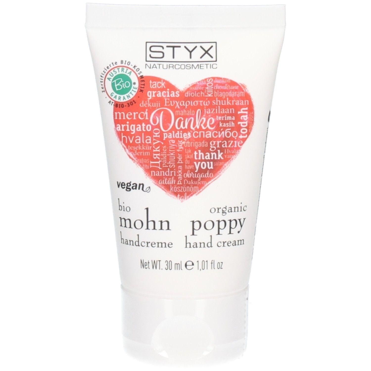 STYX Naturcosmetic Mohn Handcreme Danke-Edition Tube mit Herz-Design und Aufschrift "Danke" in vielen Sprachen. Bio-Siegel und vegan-Kennzeichnung.